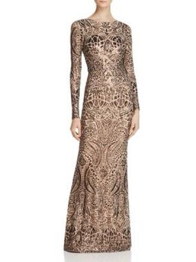 Betsy & Adam Sequin Gown Dress Size 8 Long Sleeve Nude Black Formal Maxi